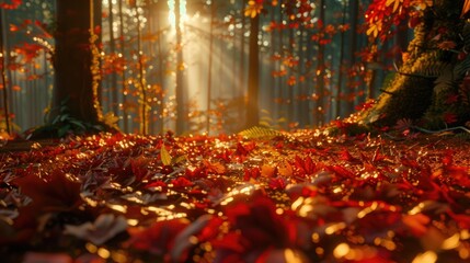 A colorful autumn landscape with golden, red, and orange leaves covering the forest floor, evoking warmth and nostalgia.