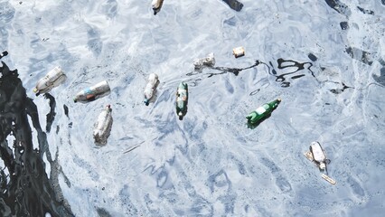 Plastic bottles and other garbage floating on polluted water surface, representing environmental...