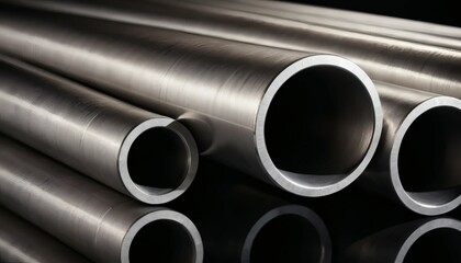 Shiny Metal Pipes Reflecting on Black Surface Close Up in Industrial Style