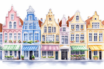 Naklejka premium Colorful houses, canal-side street, charming town, tourist destination, travel brochure