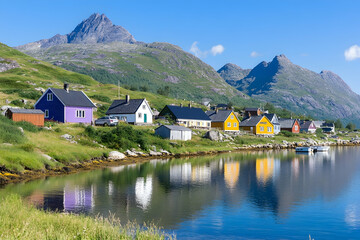 Fototapeta premium Colorful houses, fjord reflection, mountains, summer