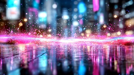 Fototapeta premium Abstract Glowing Light Display Over Wet Surface with City Lights Background