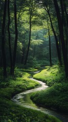 Obraz premium A serene forest scene with a winding stream and lush greenery.