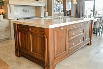 Premium wooden kitchen island with polished marble countertop