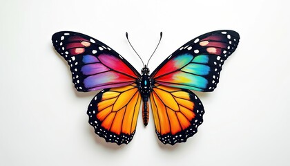 Obraz premium Colorful butterfly isolated on white backdrop. Bright wings of insect feature multiple vivid colours including red, yellow, blue. Spring, summer design. Nature beauty in detail. Macro photo of