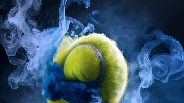Tennis ball emerging from blue and white smoke on black background