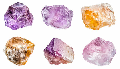 Colorful quartz crystals collection, isolated on white background. Use Jewelry, healing, mineral study