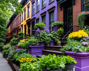 Naklejka premium Colorful Row Houses, Blooming Gardens