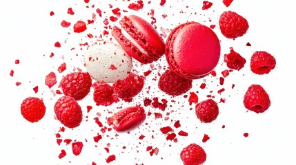 Fototapeta premium Raspberry macarons explosion with sweet treat levitation.