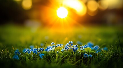 Fototapeta premium Peaceful meadow filled with bright blue forget me not flowers gently illuminated by golden morning light