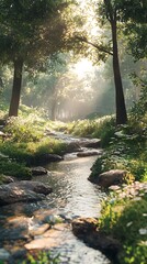 Obraz premium A serene forest scene with a gentle stream, dappled sunlight, and lush greenery.