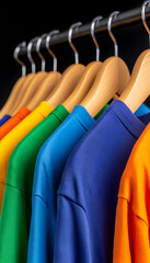 Colorful t-shirts on hangers, retail display, dark background, fashion