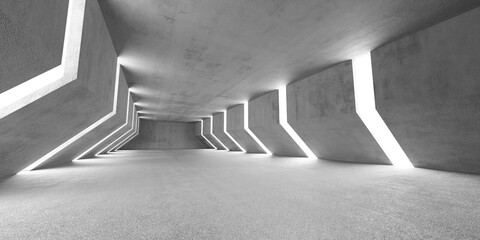 Obraz premium Futuristic concrete tunnel with geometric shapes and illuminated panels. 3d render