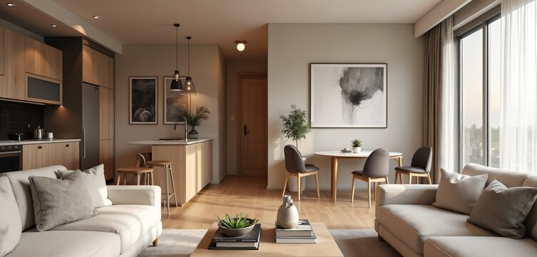 Modern apartment with kitchen island, dining area, living space. Stylish interior, plush furnishings. Compact layout for small homes. Wooden floor, big window with sunlight. New cozy home design,
