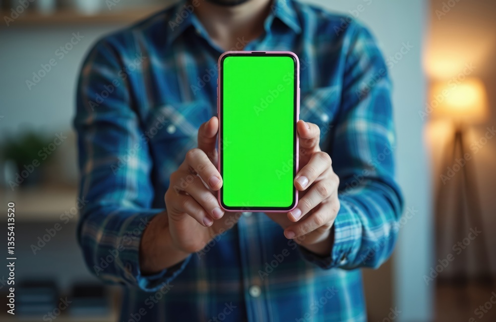 Poster man holding smartphone with green screen. mockup mobile phone display. person holds device with both