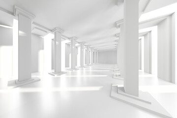 Modern minimalist white pillar hall architecture design for interiors and spaces. 3d render