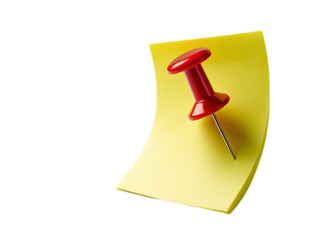 Yellow Sticky Note with Red Push Pin isolated on transparent background