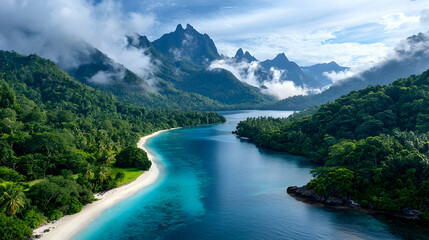 Aerial View of Tropical Island Bay with Lush Mountains and Turquoise Water