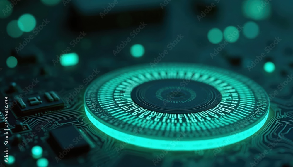 Poster Precision microchip, high-tech computer component. Electronic circuit board, integrated circuit, silicon wafer. Modern computing tech, innovative hardware, nanotechnology. Digital tech, data