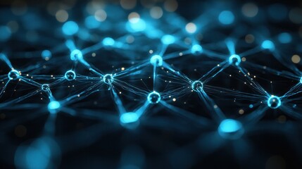 Blue network nodes connected, data flow on dark background