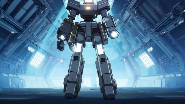 Futuristic battle robot in sci-fi setting. concepts of advanced technology, robotics, mech machines, digital innovation. Anime, animation