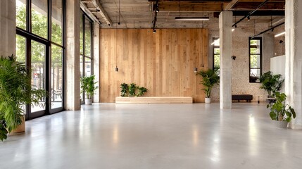Modern Open Space Interior Large Windows and Wood Wall with Plants and Concrete Floor