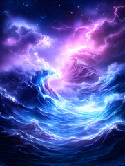 Obraz premium Cosmic ocean wave, vibrant nebula, starry sky, fantasy art, game design