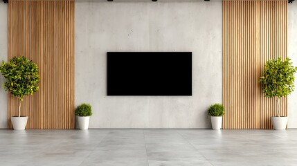 Modern Minimalist Living Room Design with Plants and a Stylish Accent Wall with a Tv