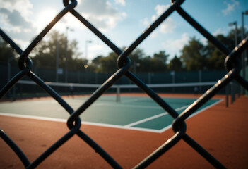 Tennis court behind chain-link fence, bright sunlight. The vibrant green surface and surrounding trees create a lively atmosphere ideal for play