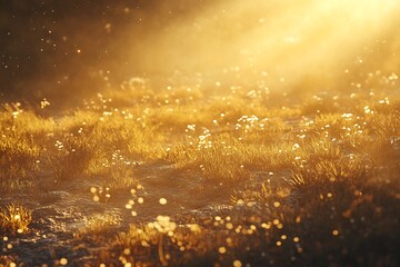 Obraz premium A sunlit landscape with glowing grass and floating particles creating a serene atmosphere.