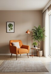 Cozy orange armchair with plant in modern living room  