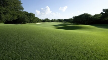 Obraz premium Lush golf course fairway with rolling greens under a clear sky