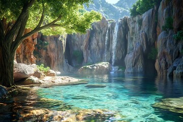 Naklejka premium A serene waterfall cascading into a clear pool surrounded by lush greenery and rocky cliffs.