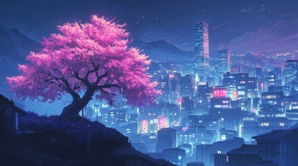 Pink Sakura Overlooking Neon Cityscape at Night.
