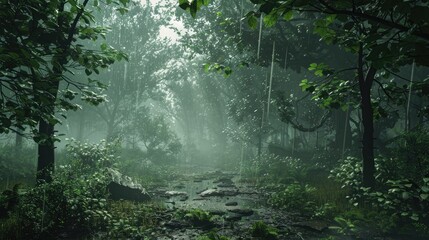 Fototapeta premium A foggy rainforest with raindrops on lush green leaves, capturing the essence of nature’s tranquility 