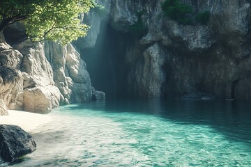 Serene coastal cave with clear water and rocky formations.