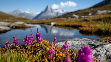 Alpine Flowers Reflecting in Mountain Lake