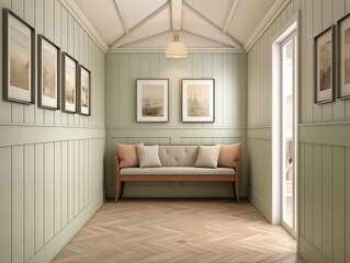 Modern hallway with wall panelling in neutral and light sage. Hall with wood panels, minimalist natural wood furniture and artwork on the wall.