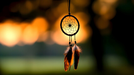 Dreamcatcher with Brown Feathers at Sunset
