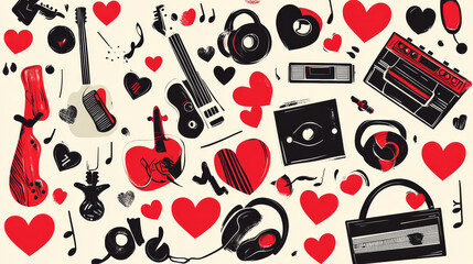 Love music round pattern vector illustration. Let your heart sing. Music make everything better. Love music. Cassette tape. Heart with headphones. Electric guitars. Listening to songs.
