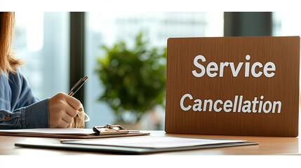 A close-up of a person's hand writing beside a cancellation sign in a bright office setting.