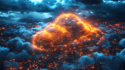 Burning cloud data above city at night, disaster scenario