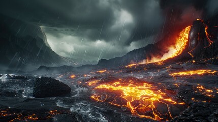 A dramatic volcano eruption with glowing lava against a dark stormy sky, showcasing nature&rsquo;s raw power 