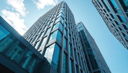Obraz premium Modern building skyscraper glass facades, urban architecture, symbol of success. Contemporary corporate structure, office windows reflect blue sky, clouds, construction exterior.