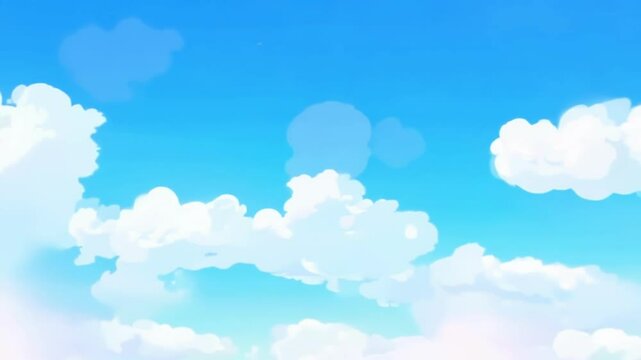 Serene summer sky with fluffy clouds on a sunny day. concept of tranquility, peaceful nature, heaven, bright outdoors, and calm weather. Cartoon, animation