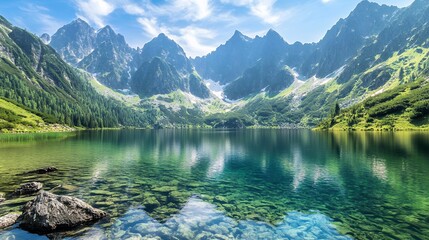 Scenic Mountain Lake with Crystal Clear Water and Majestic Peaks Under Blue Sky