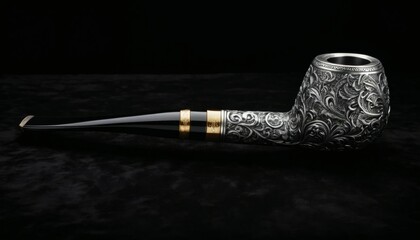 Naklejka premium Elegant Engraved Tobacco Pipe on Black Surface Detailed Luxury Design