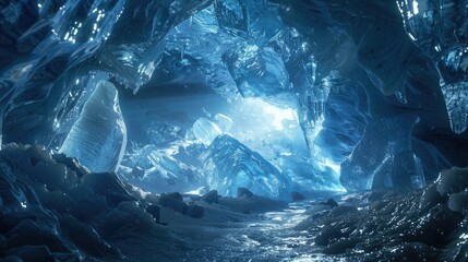 Fototapeta premium A stunning ice cave with blue crystalline formations reflecting ambient light, creating a magical frozen world 