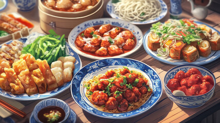 Chinese street, restaurant or homemade food ethnic menu vector illustration. Asian dinner dish plate. Traditional spicy appetizer snack poster. China cooking market or food festival culture.