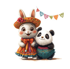 Obraz premium Cute Bunny and Panda Fiesta Friends Art